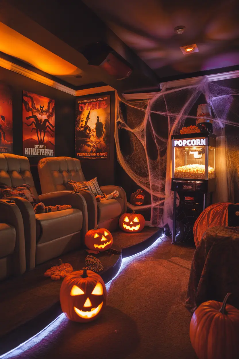 Halloween-themed basement movie room with plush seats, horror posters, and popcorn.