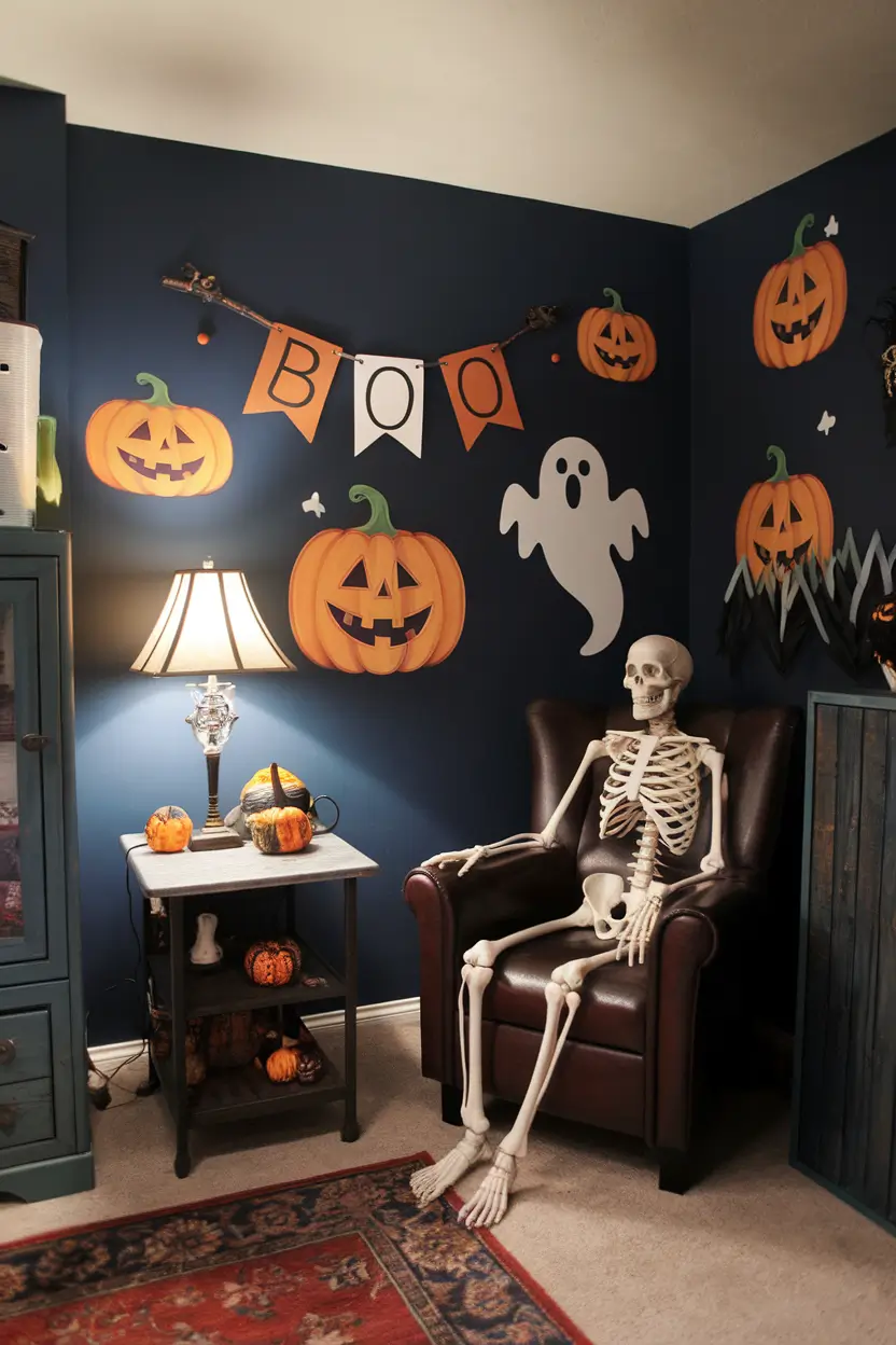 Halloween-themed basement with wall decals, skeleton, and spooky furniture.