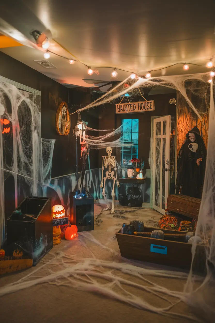 Basement transformed into a haunted house with flickering lights, cobwebs, and spooky props