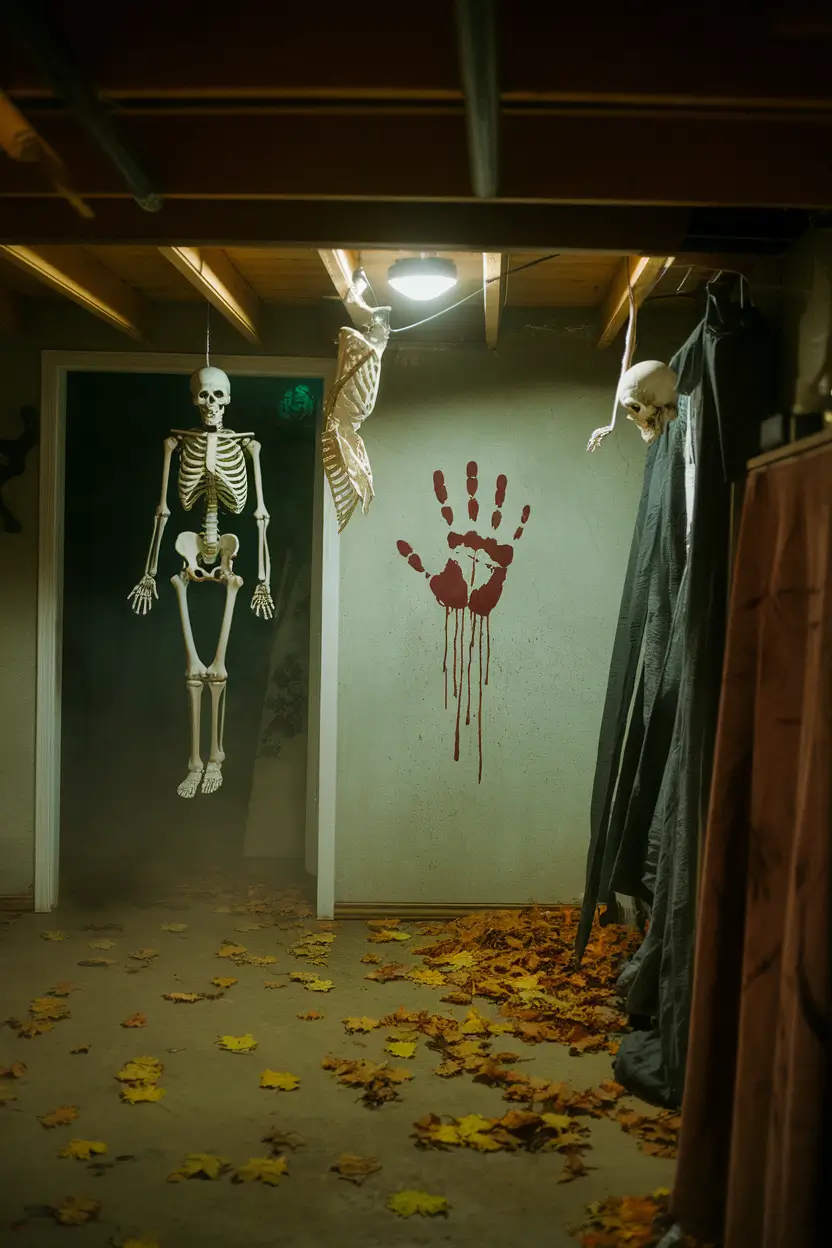 Spooky basement with dim lighting, skeletons, bloody handprints, and fog for Halloween.