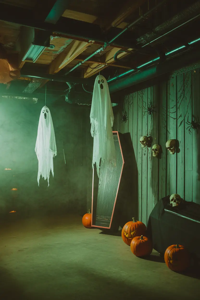 Basement with dark lighting, fog, hanging ghosts, and creepy sounds for a Halloween party.
