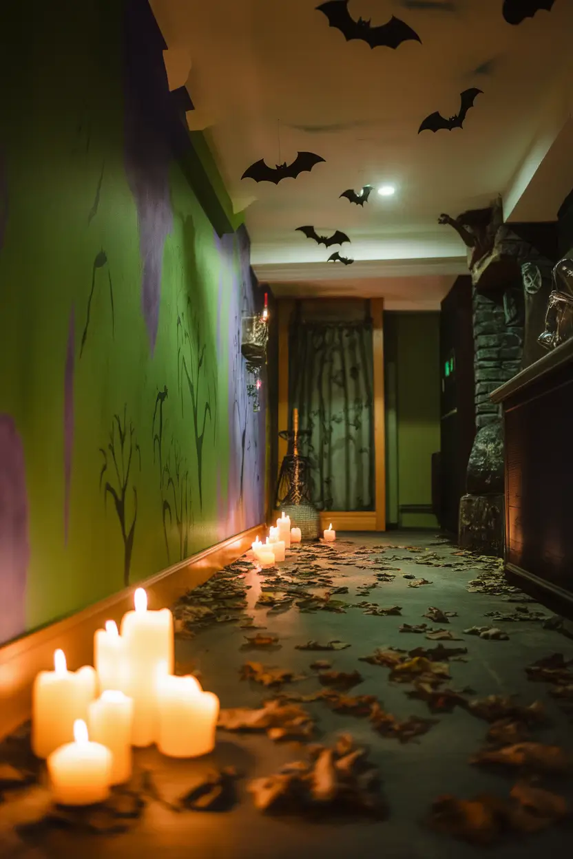 Spooky basement Halloween lighting with flickering candles, green and purple lights, and shadows.