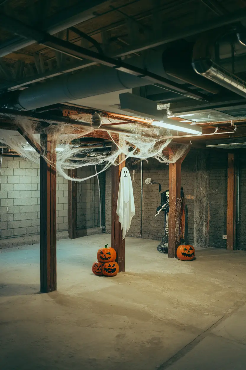 Unfinished basement with cobwebs, exposed beams, and industrial lighting for Halloween.