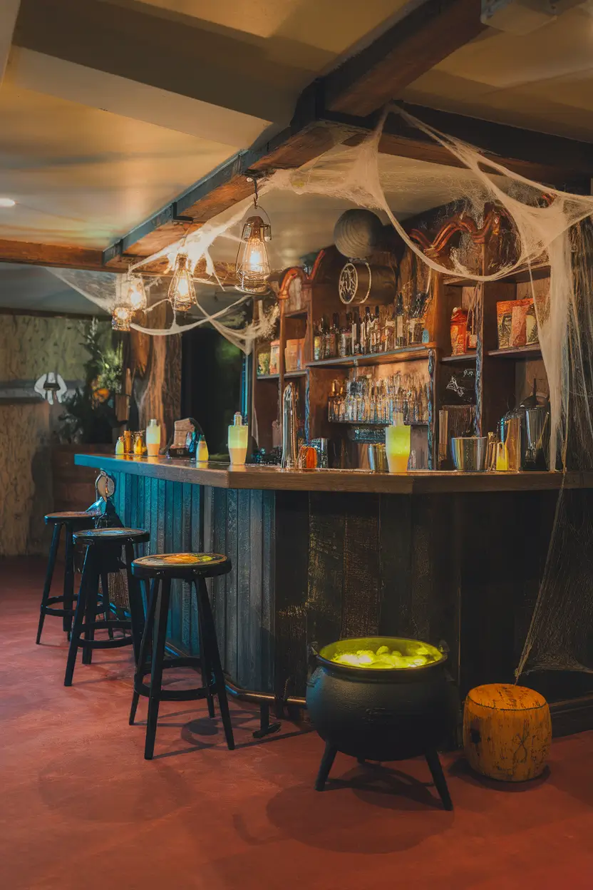 Witchy-themed basement bar with potion bottles, glowing drinks, cauldrons, and cobwebs.